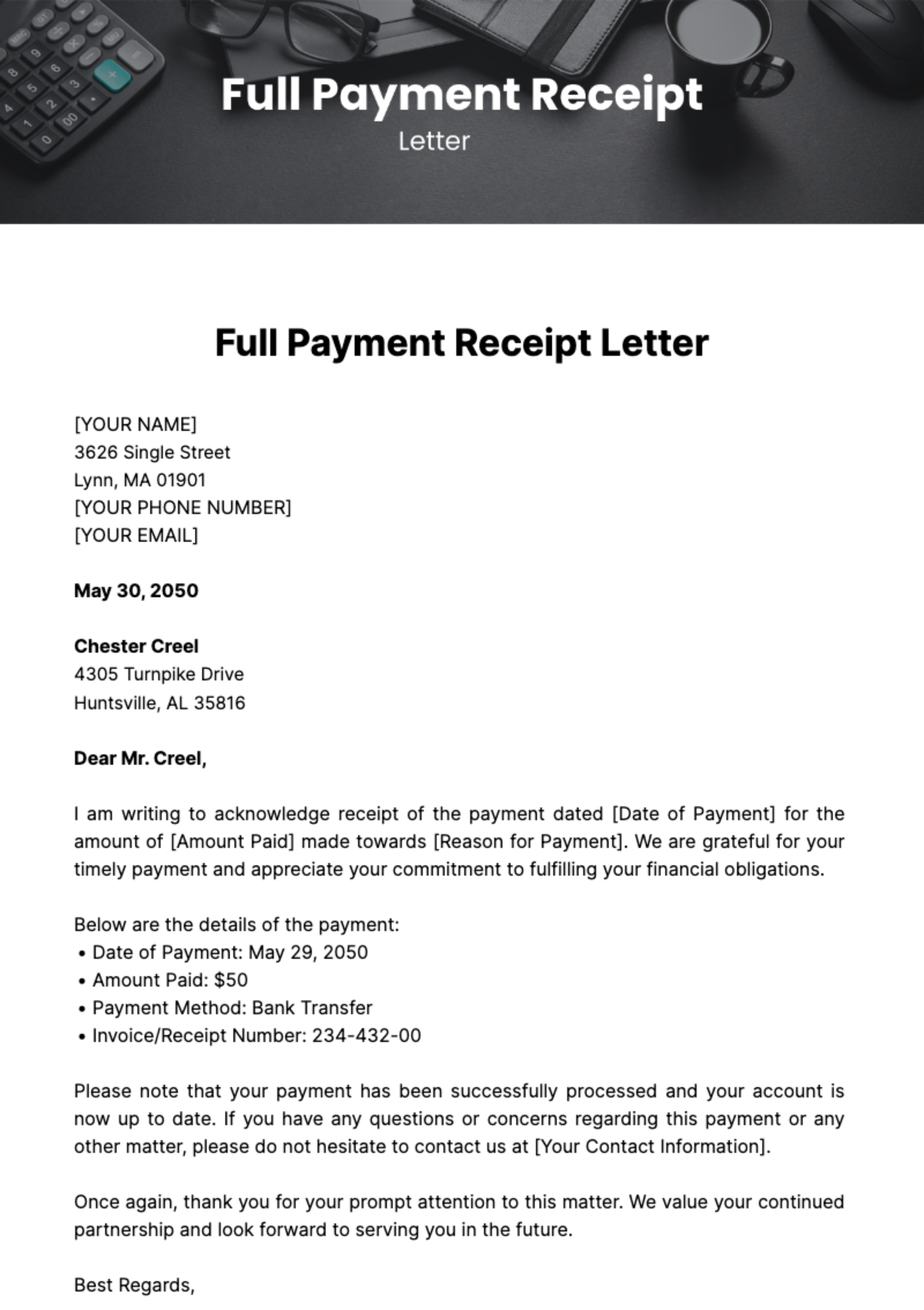 Full Payment Receipt Letter Template