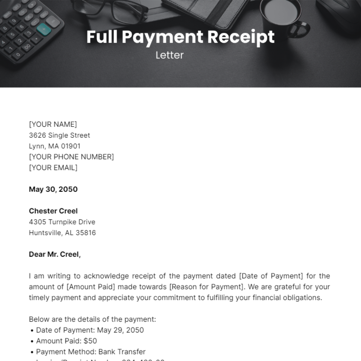 Full Payment Receipt Letter Template