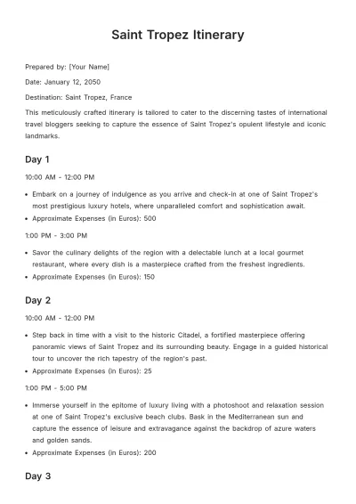 Free Saint Tropez Itinerary Template to Edit Online