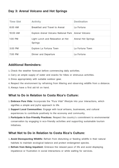 Free 3 Day Costa Rica Itinerary Template to Edit Online
