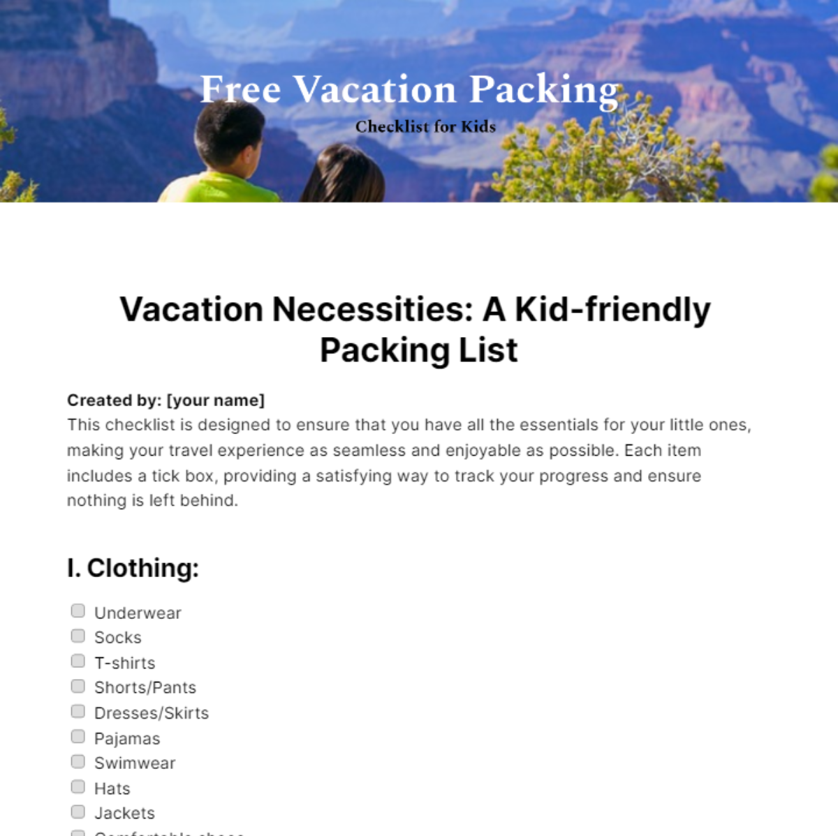 Vacation Packing Checklist Template For Kids