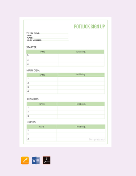 FREE Potluck Sign Up Sheet Template - PDF | Word (DOC) | Excel ...