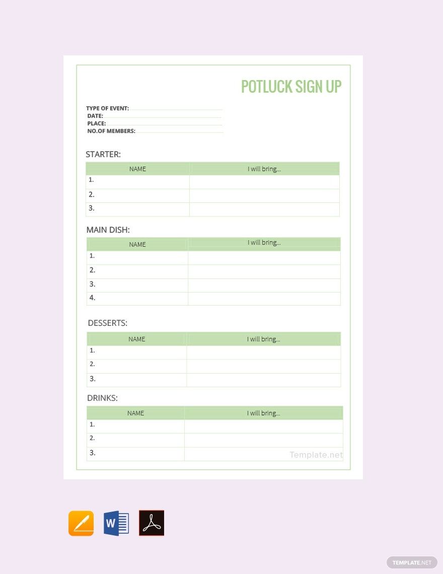 Potluck Sign Up Sheet Template in Google Docs, Word, Pages, Numbers