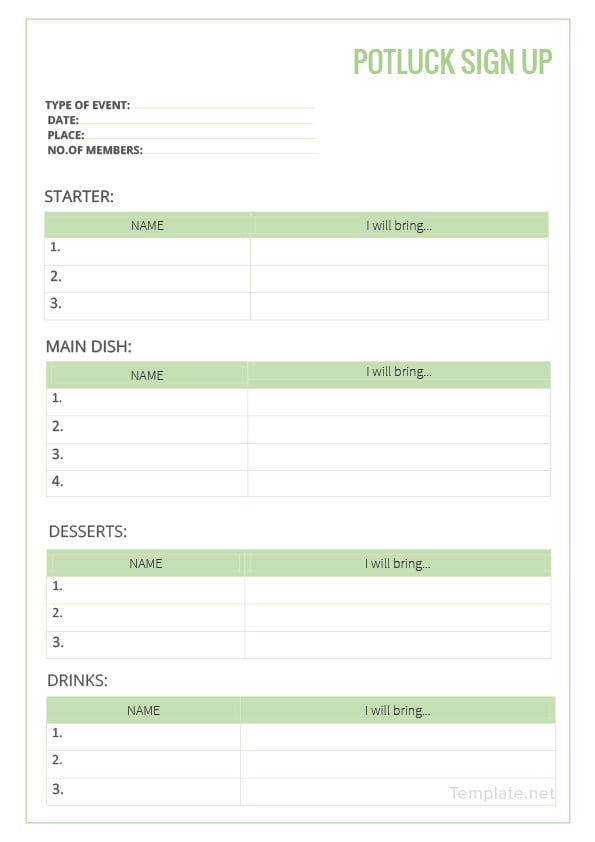 Potluck Sign Up Sheet Template in Microsoft Word