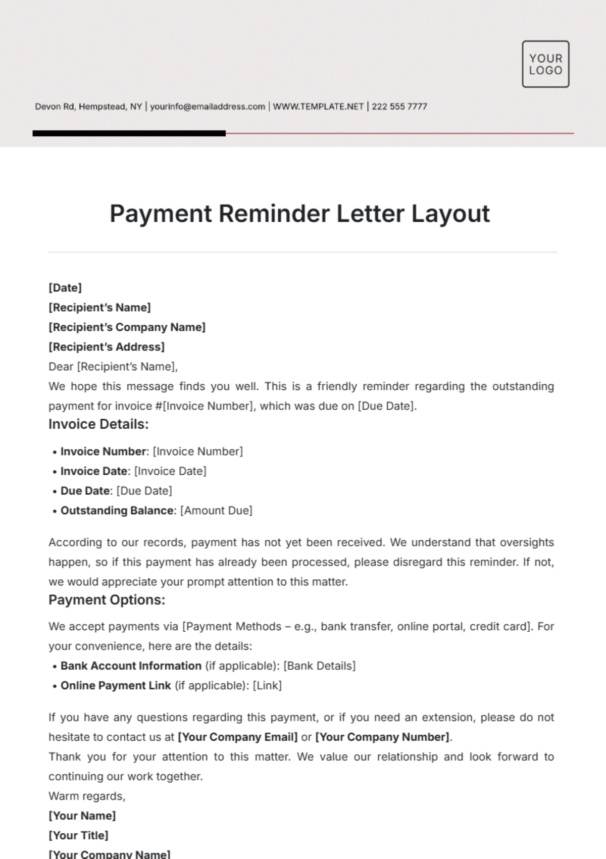 Payment Reminder Letter Layout Template - Edit Online & Download