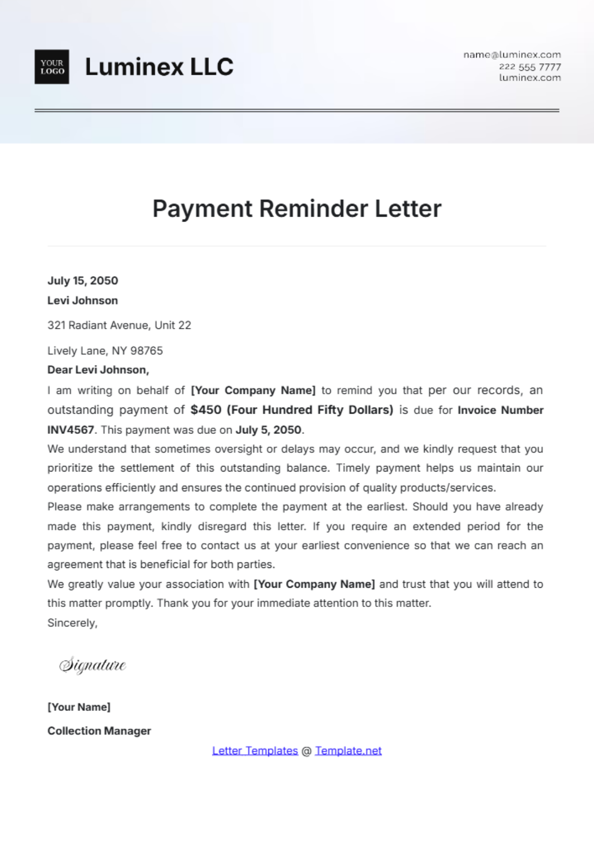 Payment Reminder Letter Template - Edit Online & Download