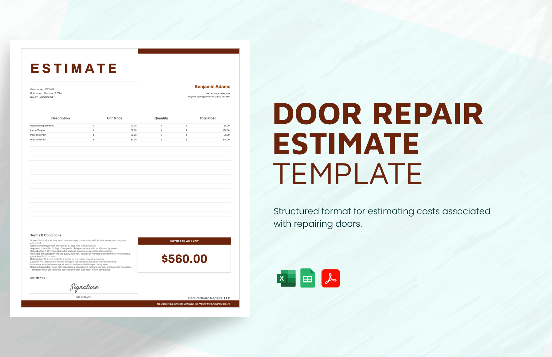Door Repair Estimate Template in Excel, PDF, Google Sheets