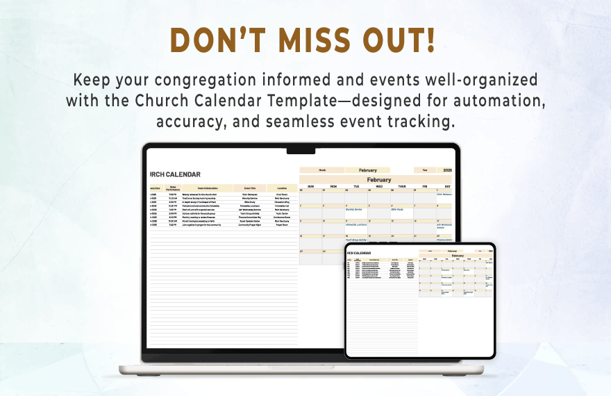 Church Calendar Template in Excel, Google Sheets, PDF - Download ...
