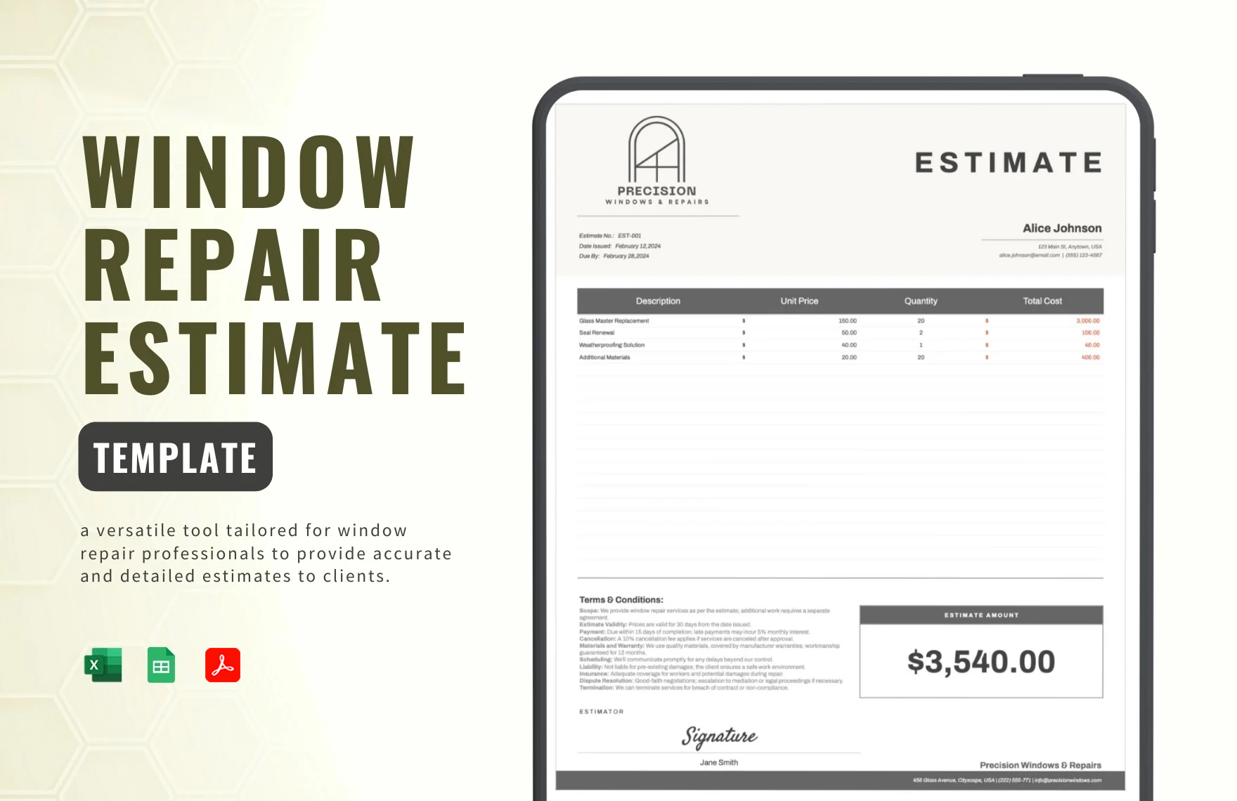 Window Repair Estimate Template in Excel, PDF, Google Sheets