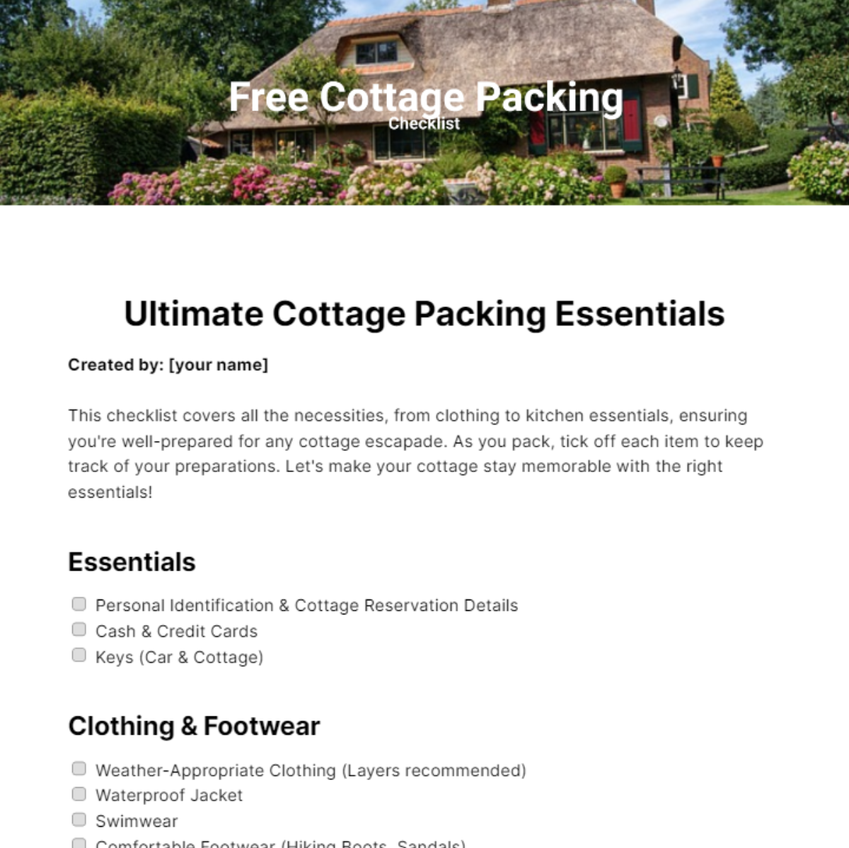 Cottage Packing Checklist Template