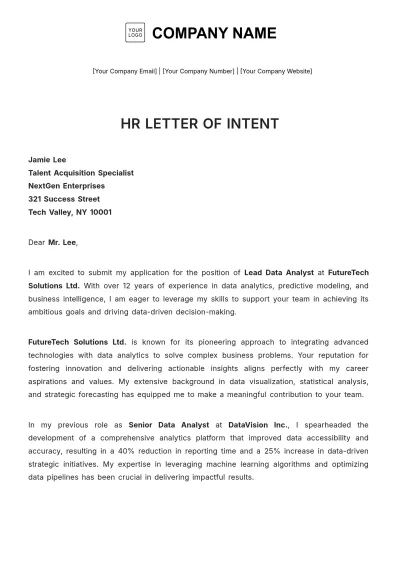 Free HR Letter of Intent Template to Edit Online