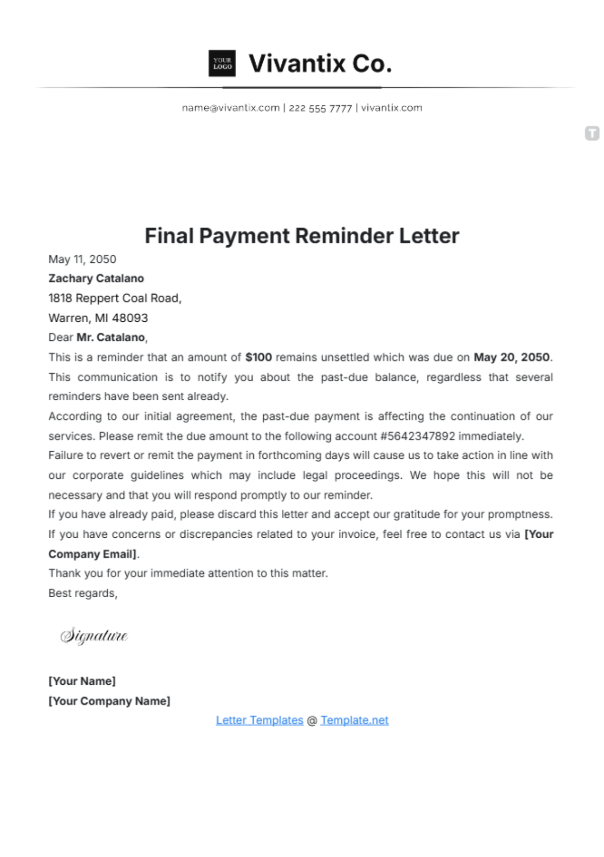 Final Payment Reminder Letter Template - Edit Online & Download