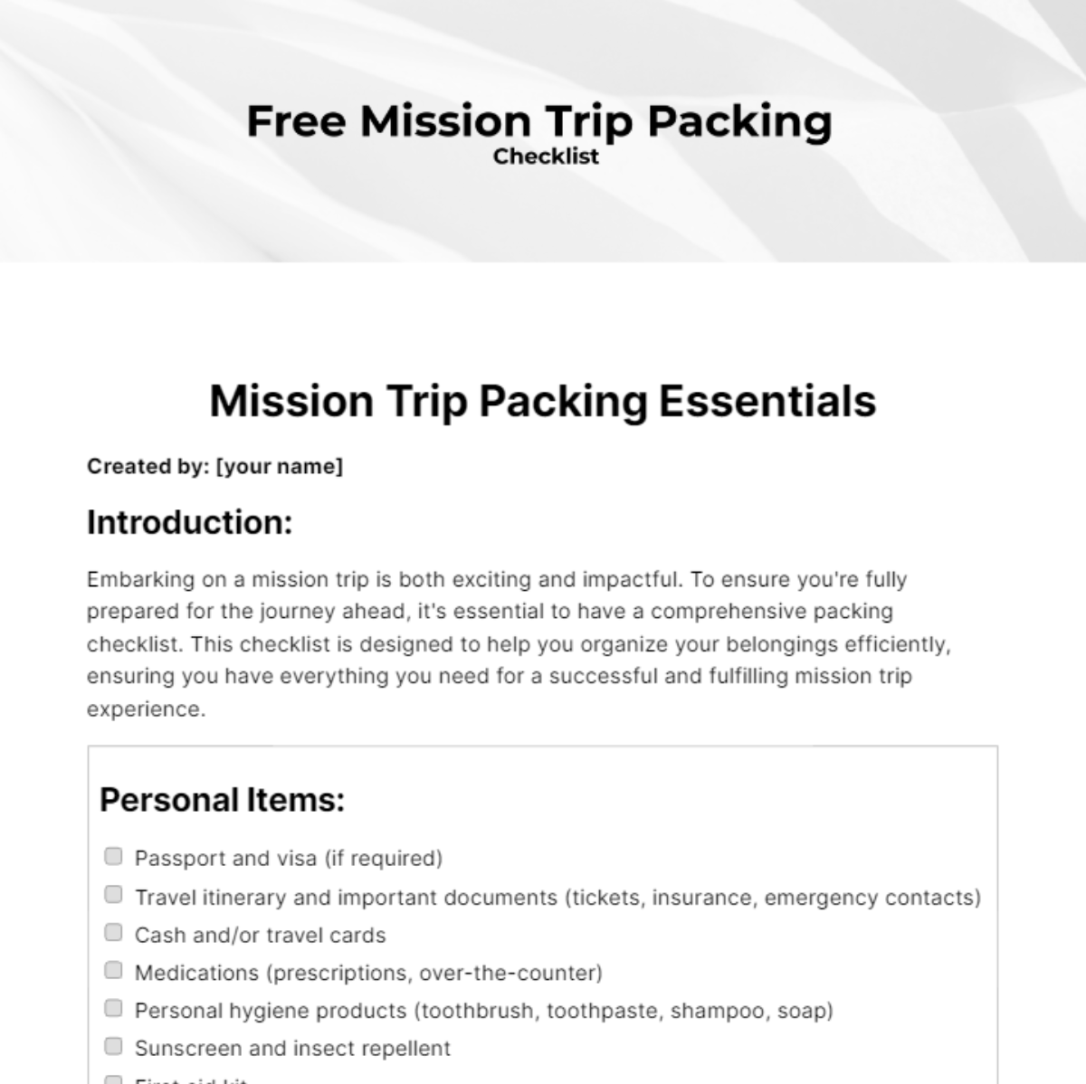 Mission Trip Packing Checklist Template