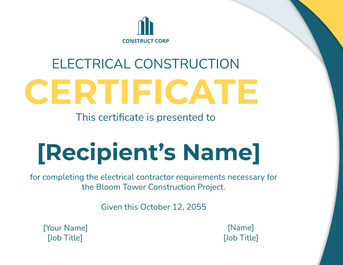 Free Electrical Construction Certificate Template