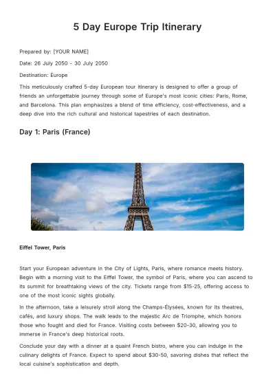Free 5 Day Europe Trip Itinerary Template to Edit Online
