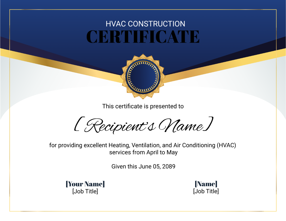 HVAC Construction Certificate Template
