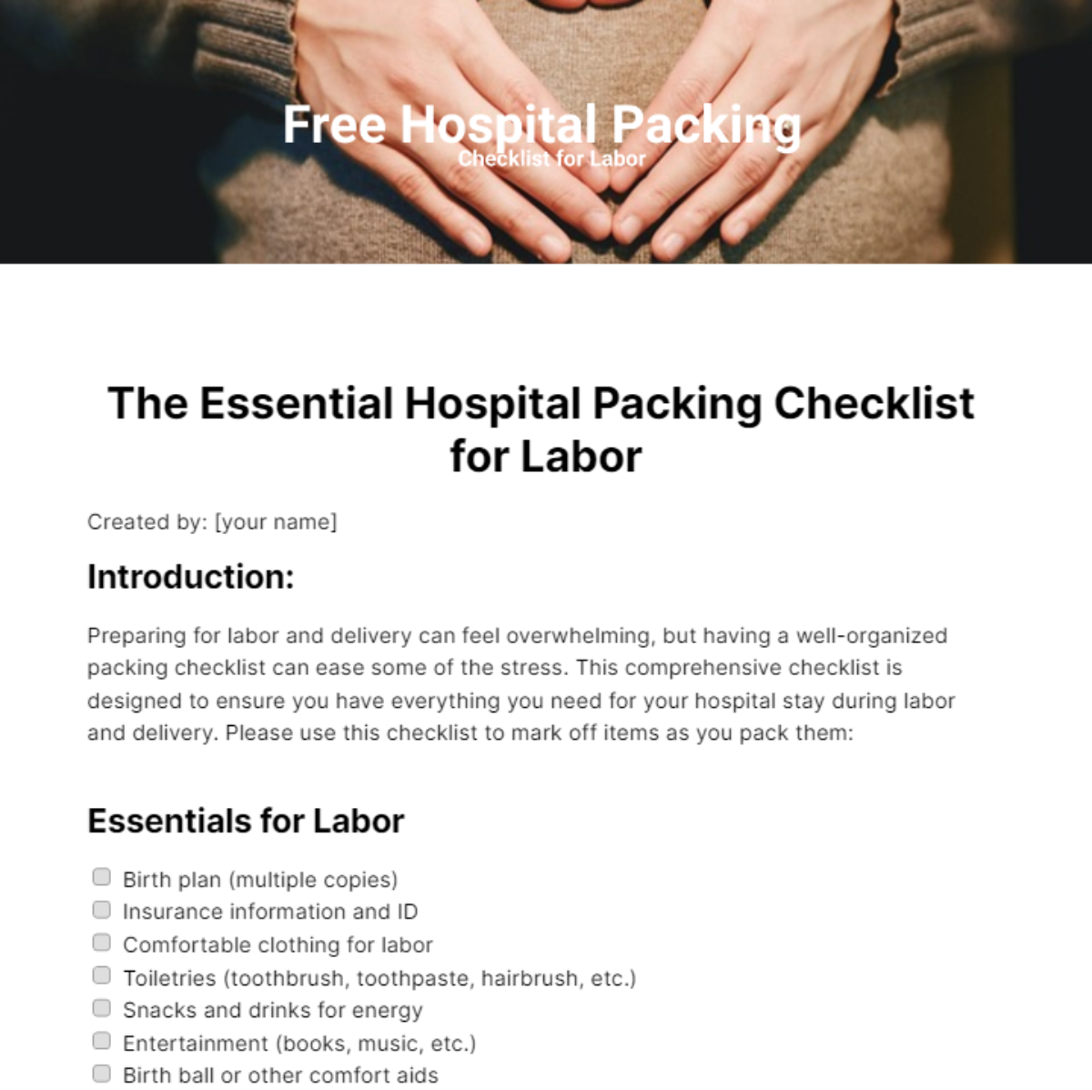 Hospital Packing Checklist Template For Labor