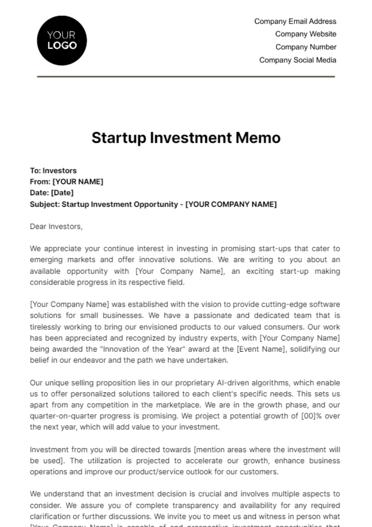 Free Startup Investment Memo Template