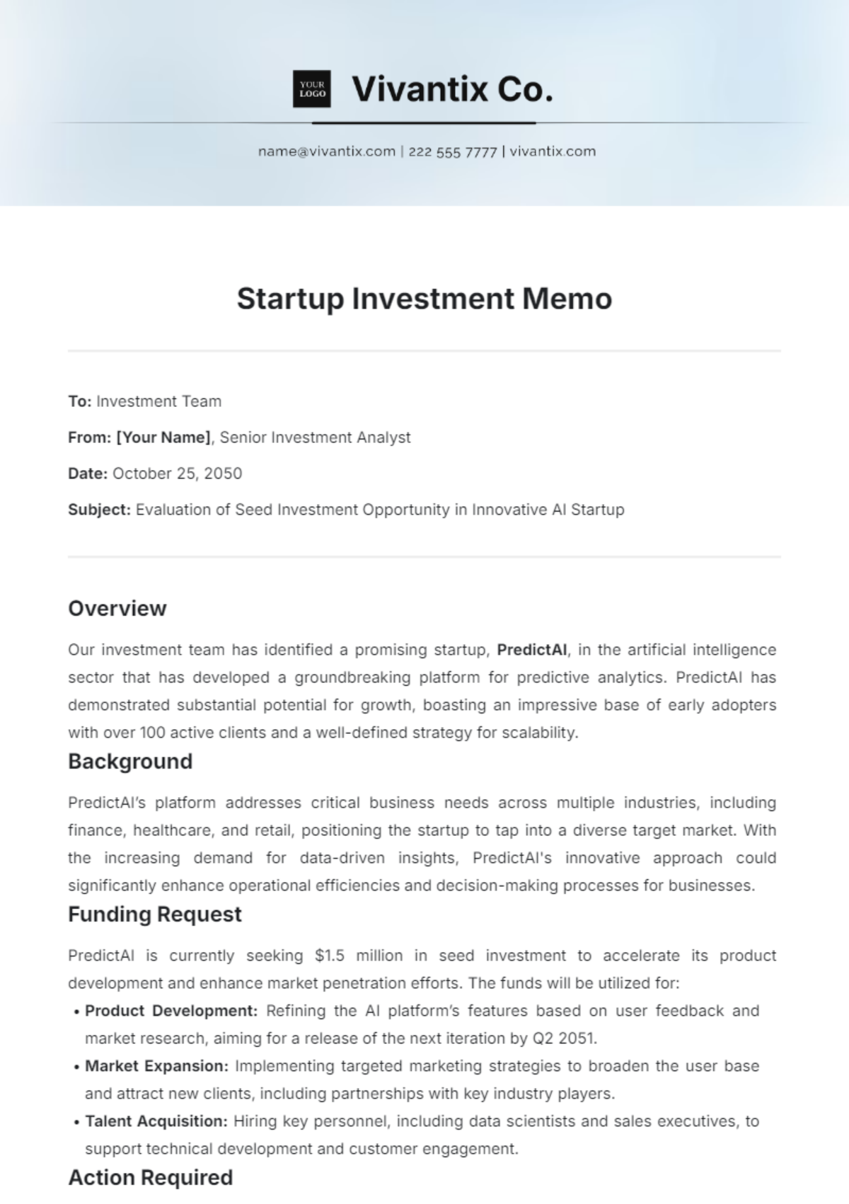 Startup Investment Memo Template - Edit Online & Download