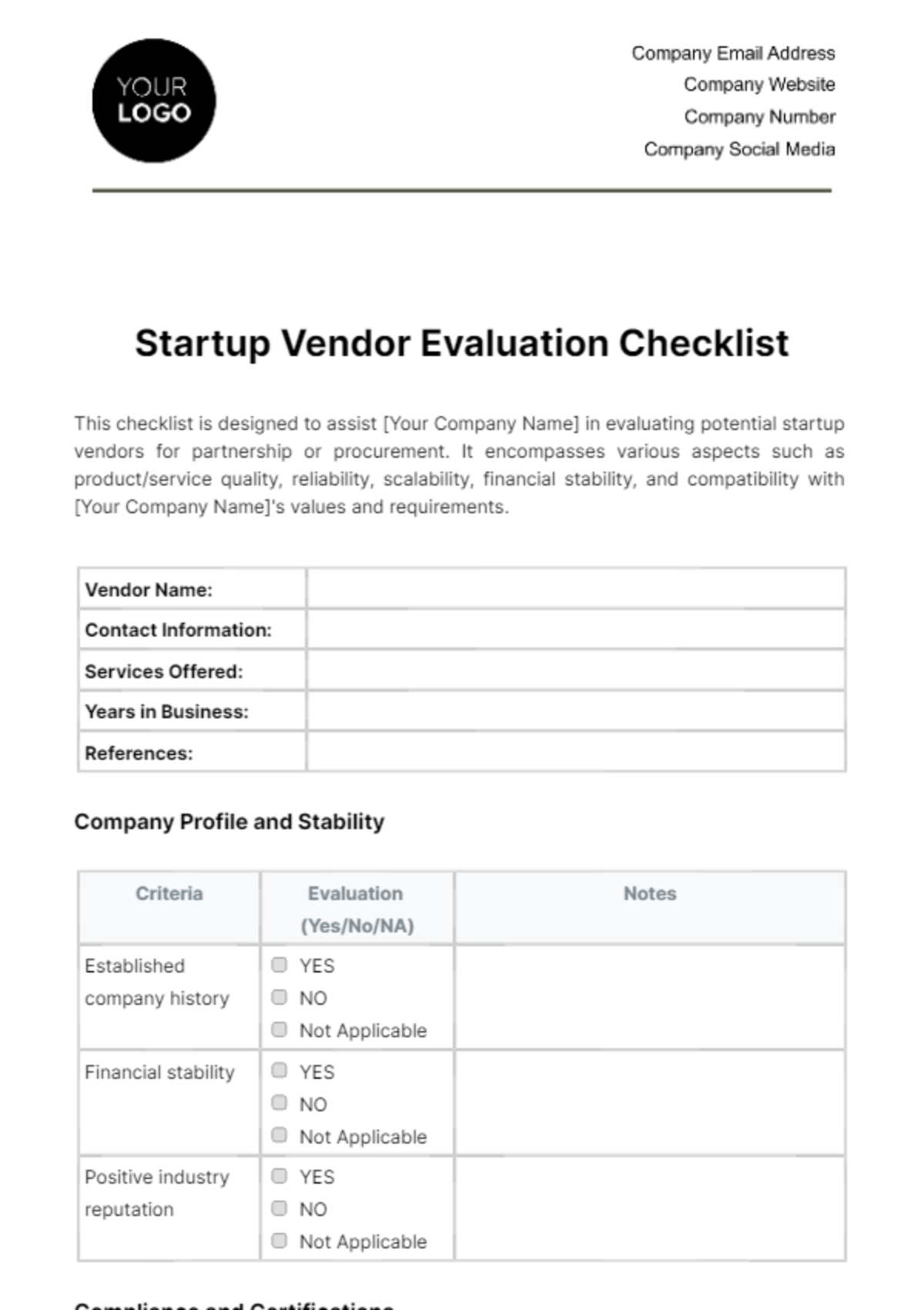 Startup Vendor Evaluation Checklist Template