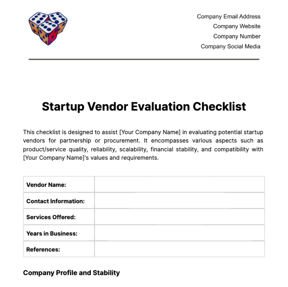 Startup Vendor Evaluation Checklist Template