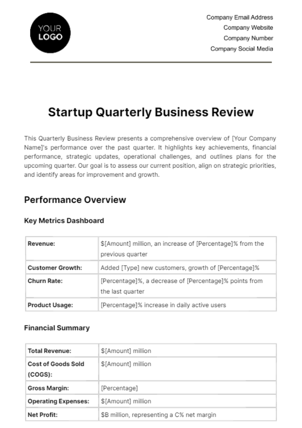 Startup Quarterly Business Review Template