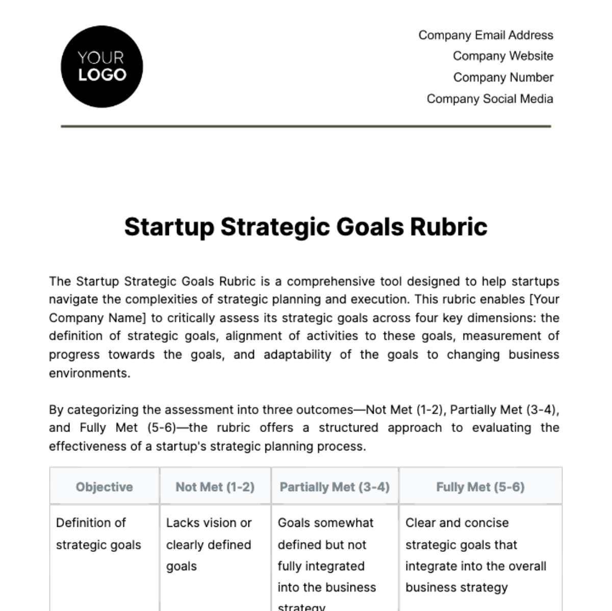 Startup Strategic Goals Rubric Template - Edit Online & Download