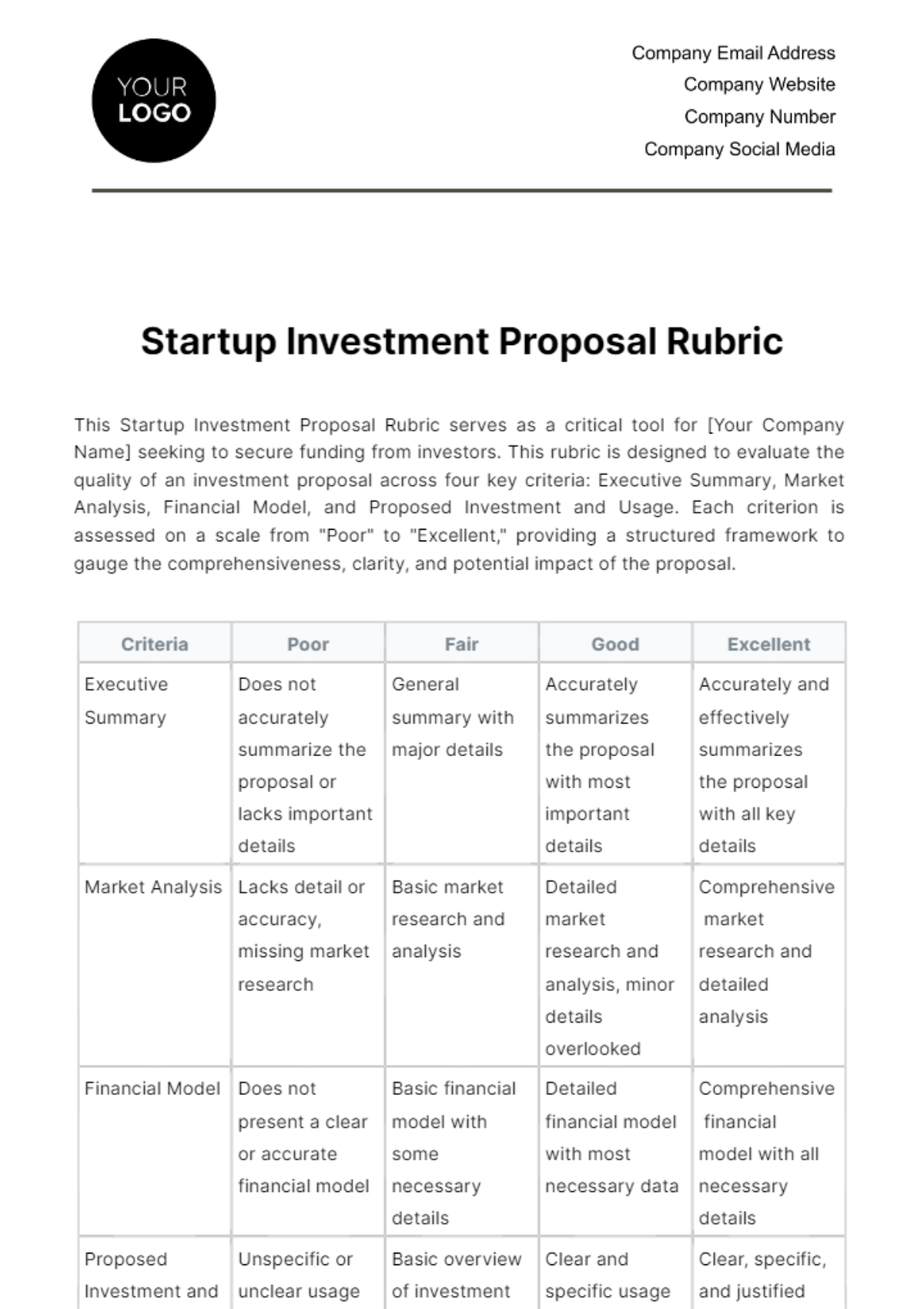Free Startup Investment Proposal Rubric Template