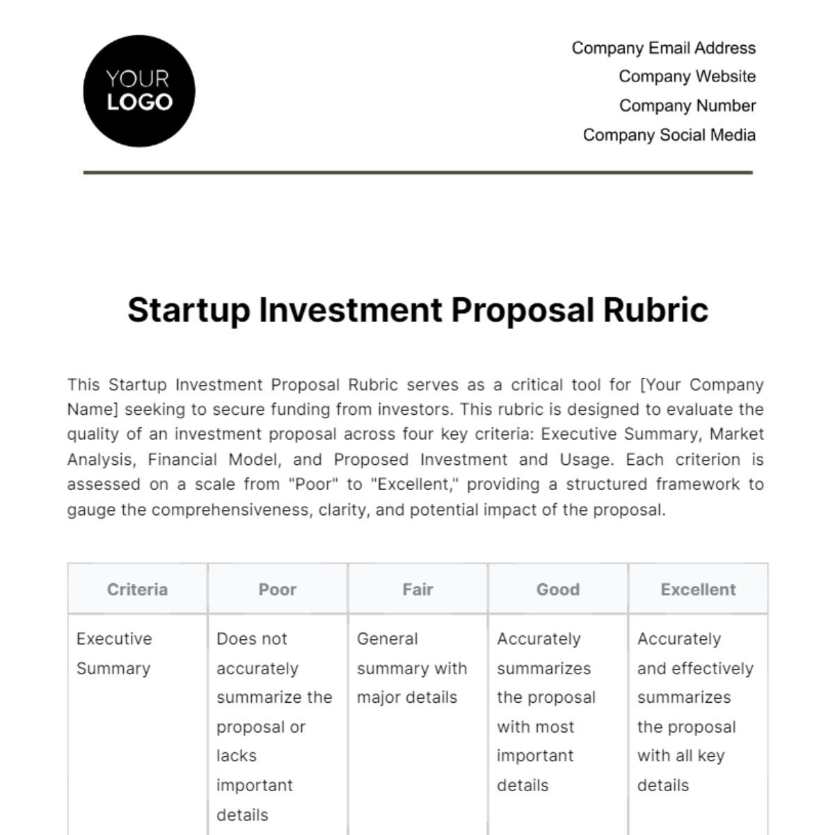 Startup Investment Proposal Rubric Template - Edit Online & Download