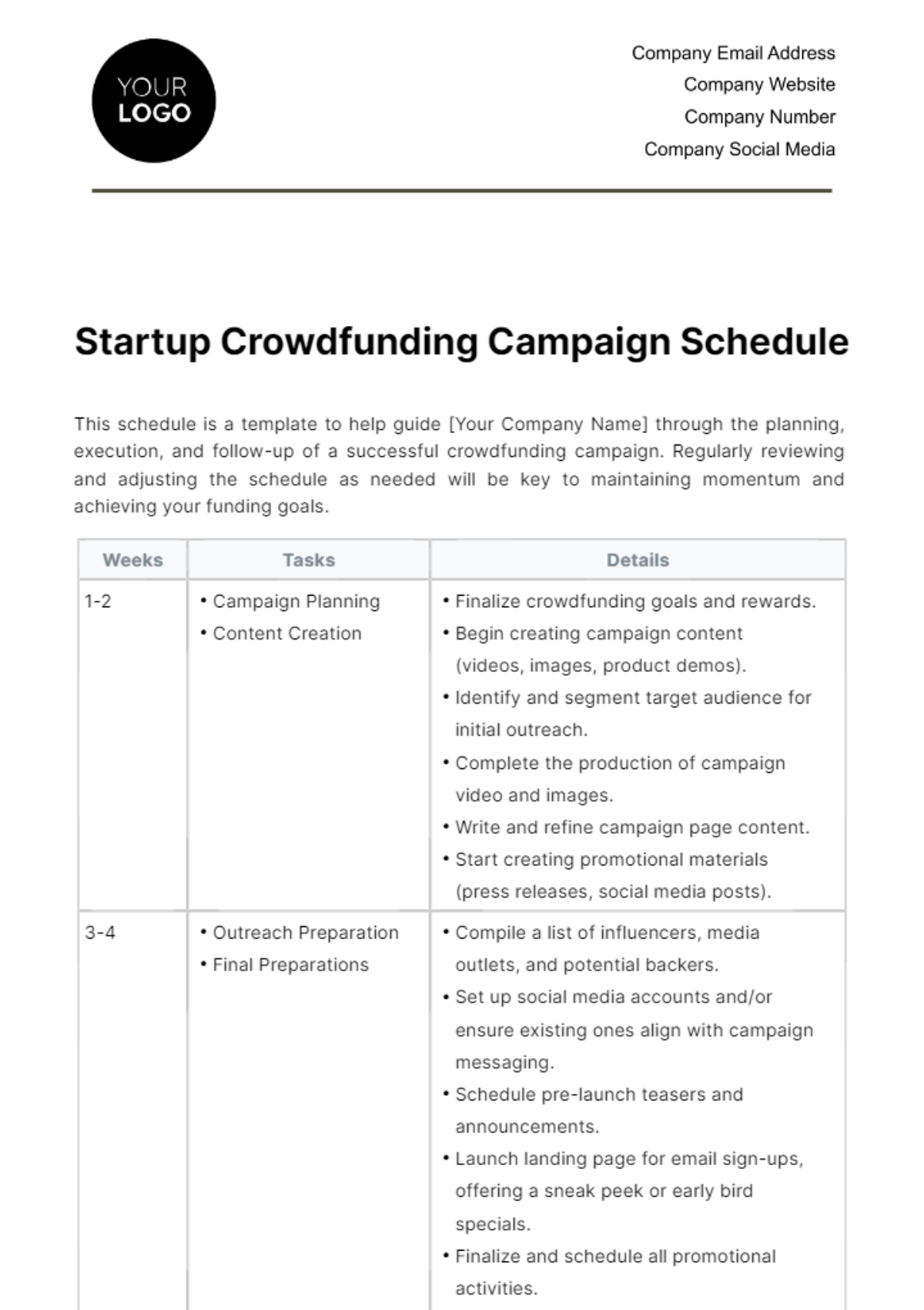Free Startup Crowdfunding Campaign Schedule Template