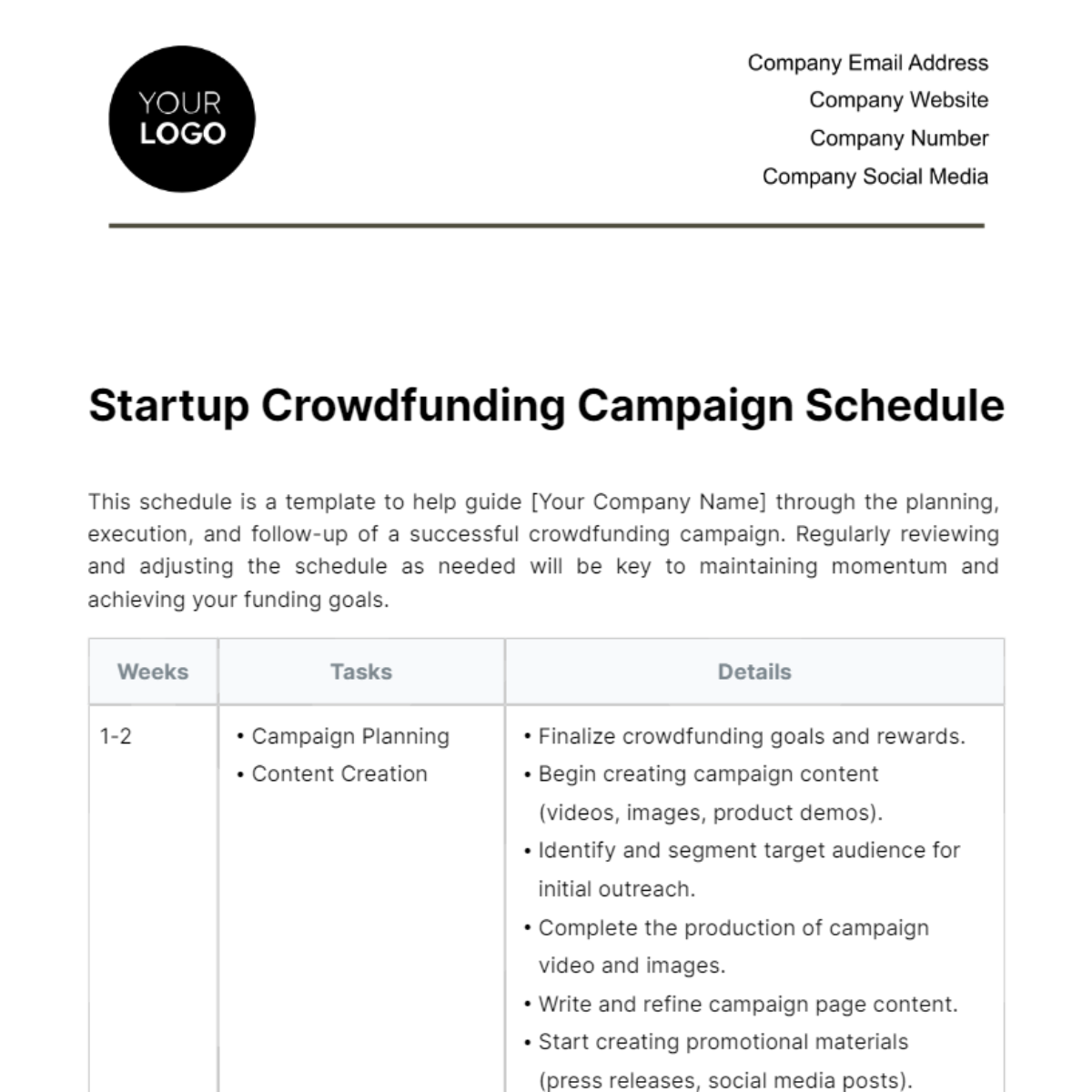 Startup Crowdfunding Campaign Schedule Template - Edit Online & Download