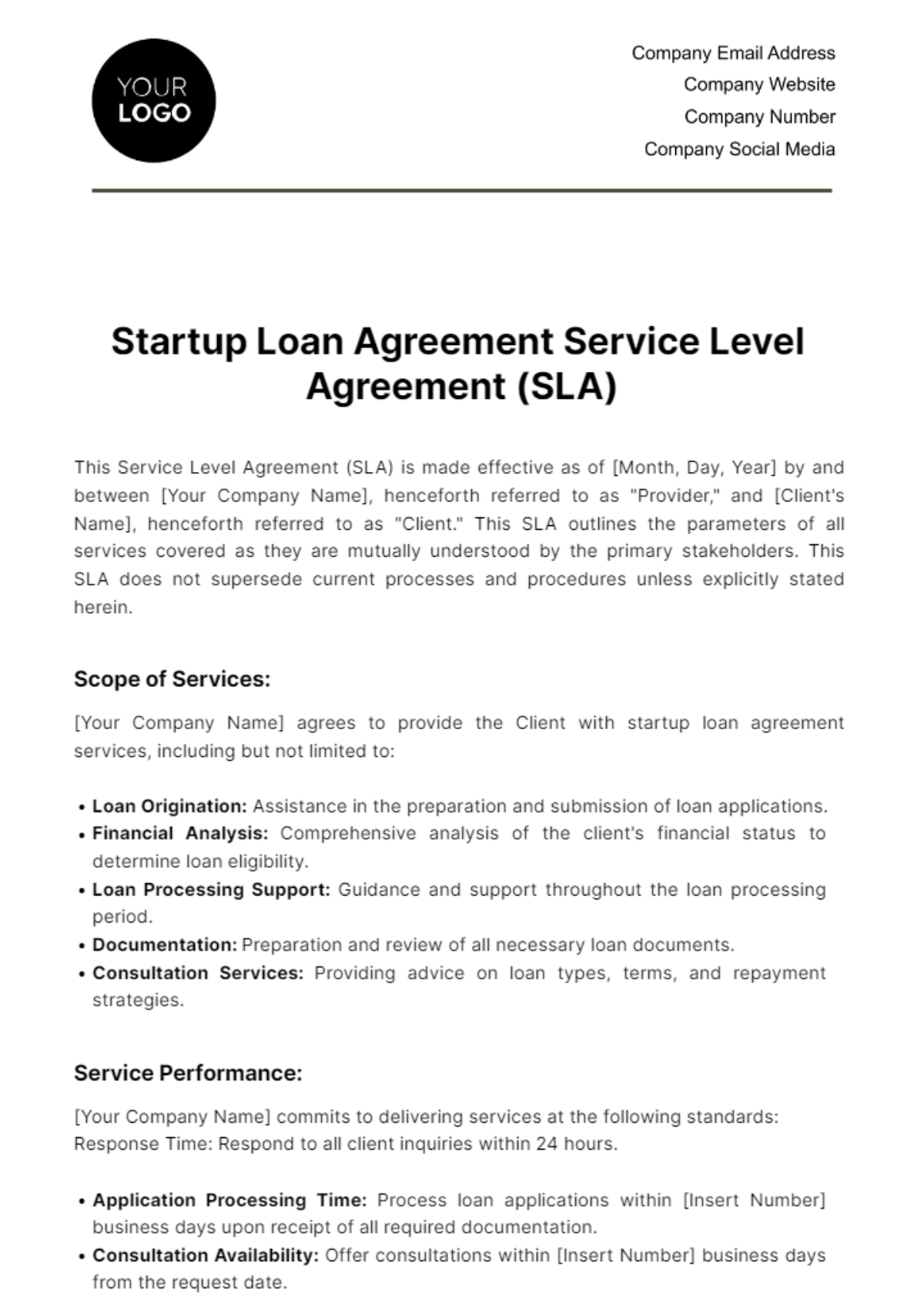 Free Startup Loan Agreement Service Level Agreement (SLA) Template