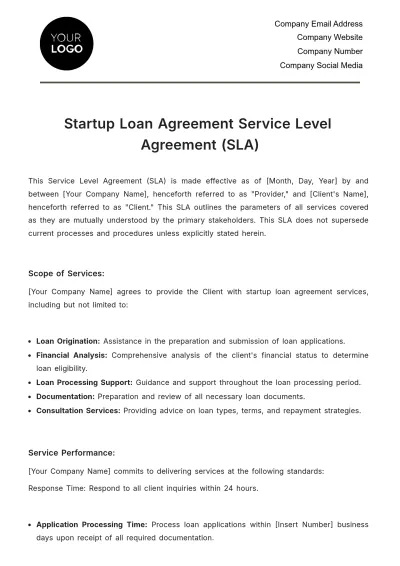 Free Startup Loan Agreement Service Level Agreement (SLA) Template to Edit Online