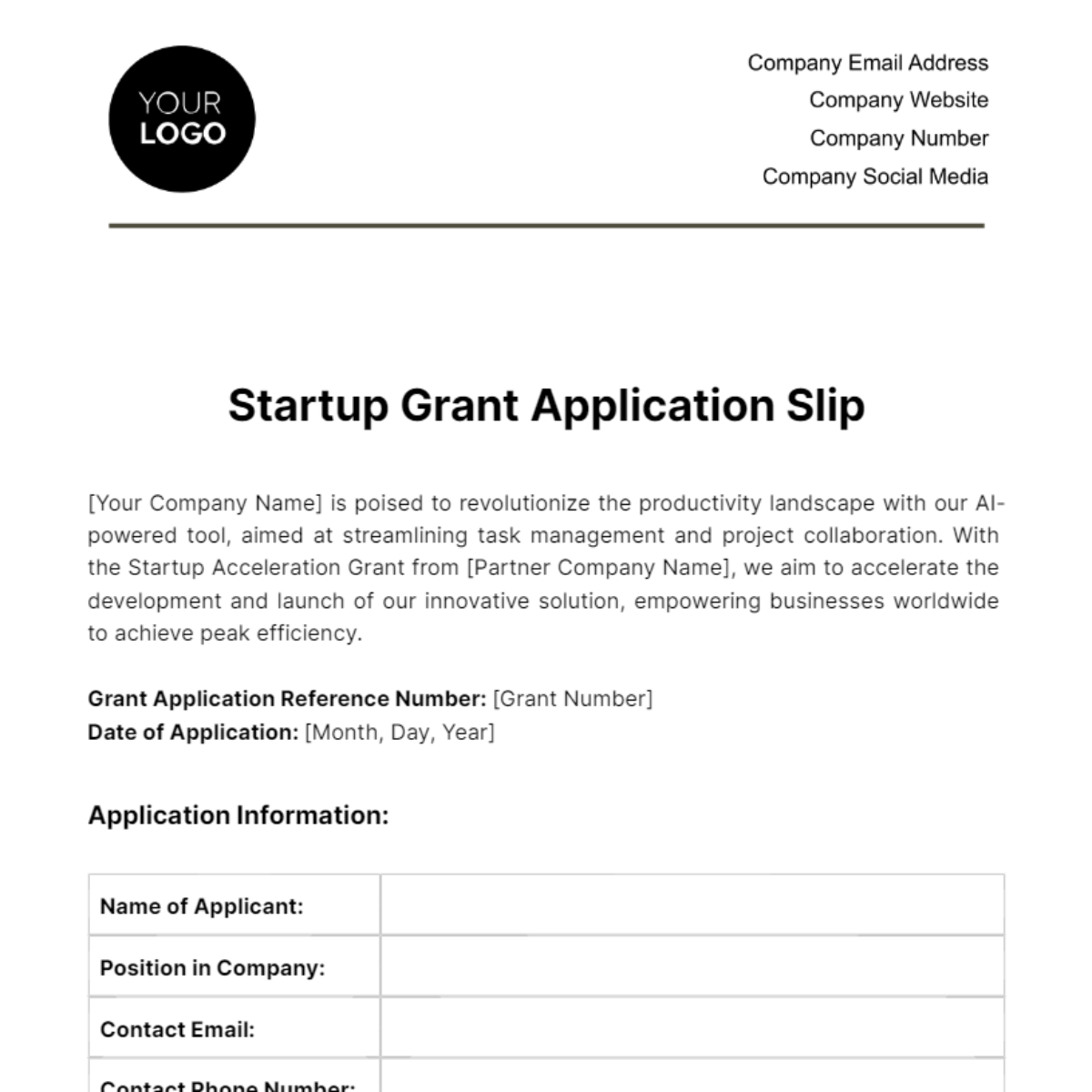 Startup Grant Application Slip Template - Edit Online & Download