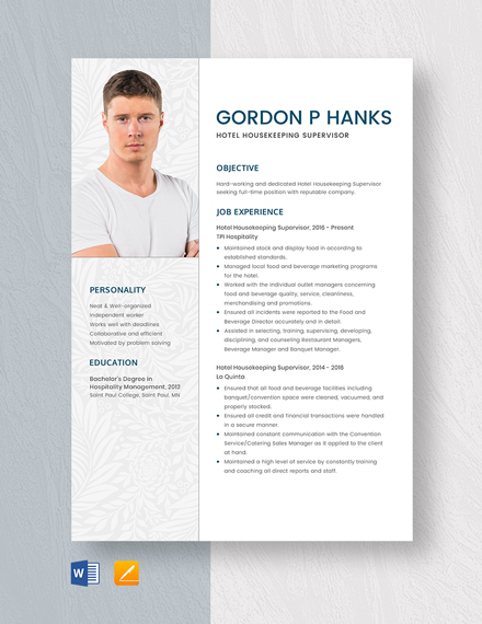 Hotel Housekeeping Supervisor Resume Template - Word, Apple Pages