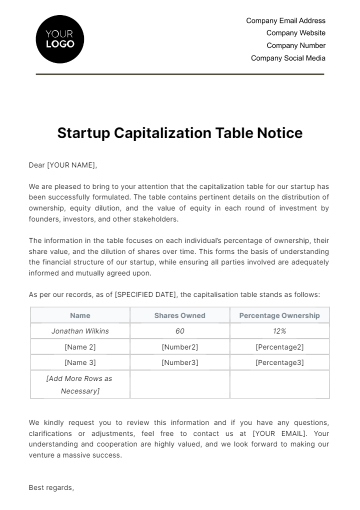 Startup Capitalization Table Notice Template