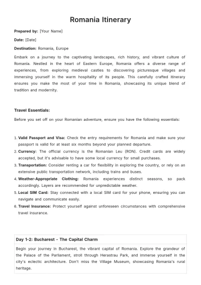 Free Romania Itinerary Template to Edit Online