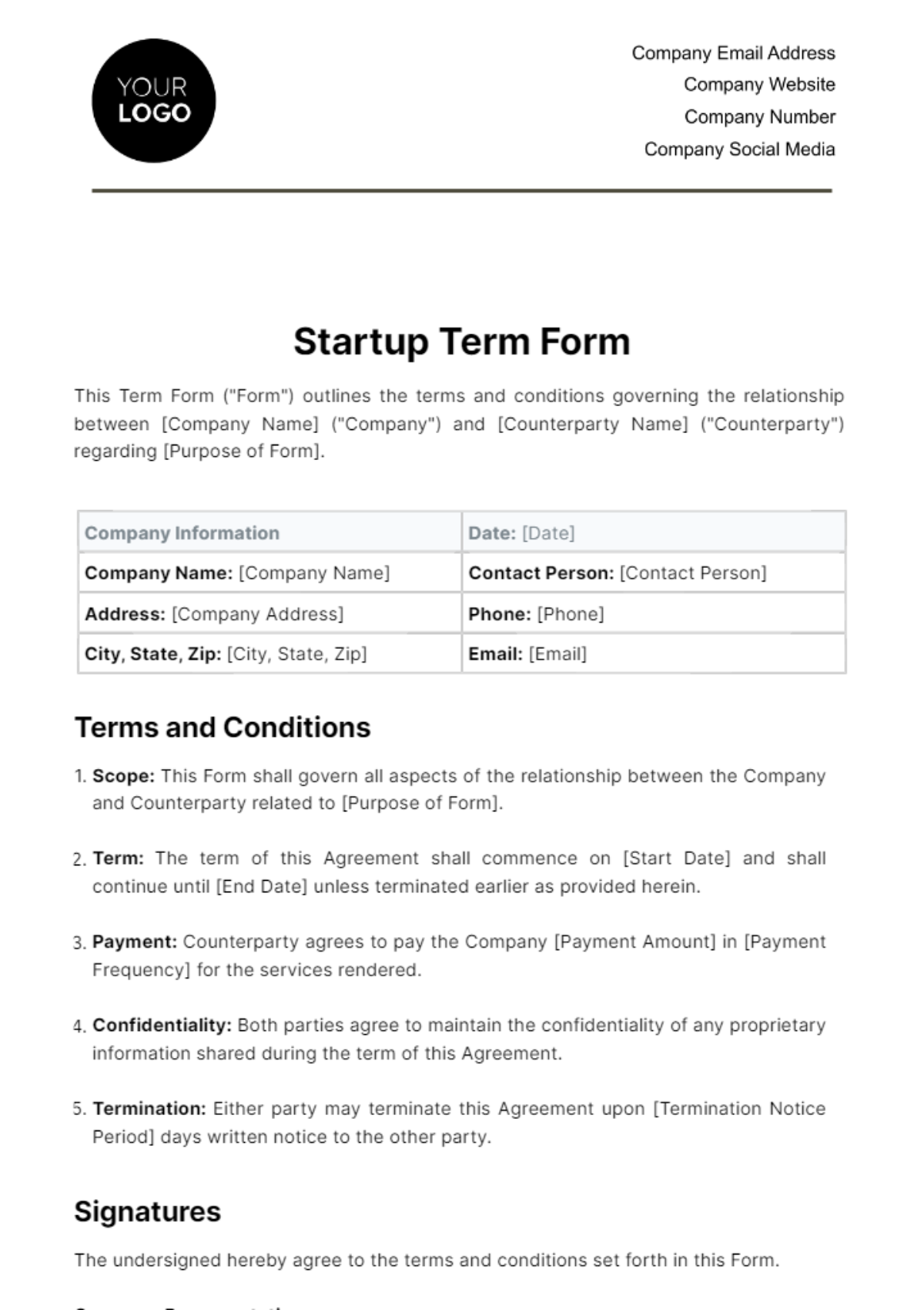 Free Startup Term Form Template