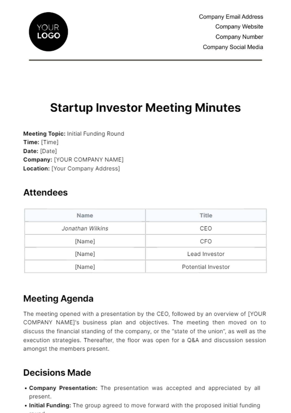 Free Startup Investor Meeting Minute Template