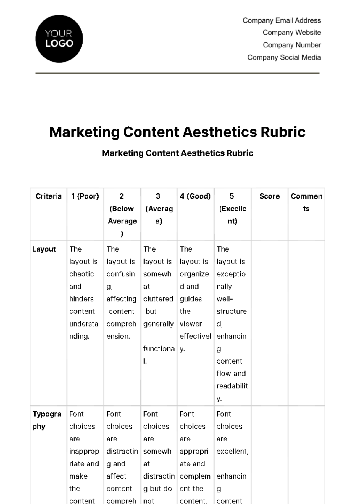 Marketing Content Aesthetics Rubric Template
