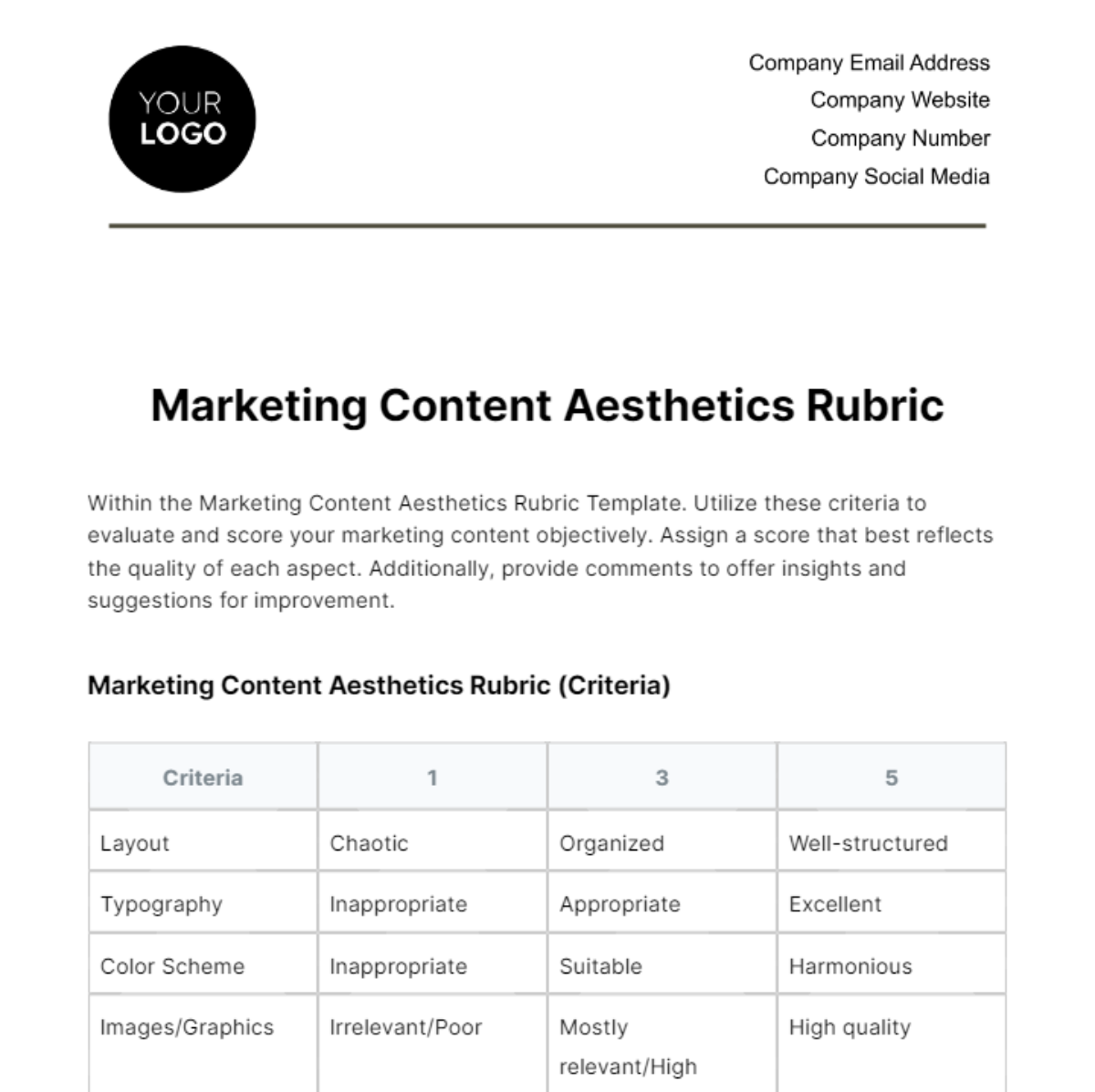 Marketing Content Aesthetics Rubric Template