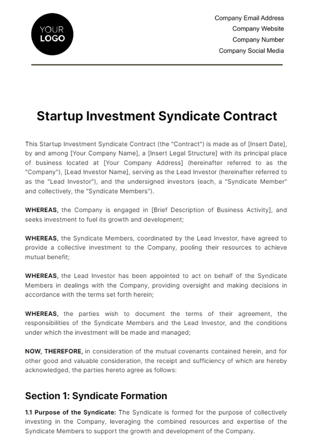 Free Startup Investment Syndicate Contract Template