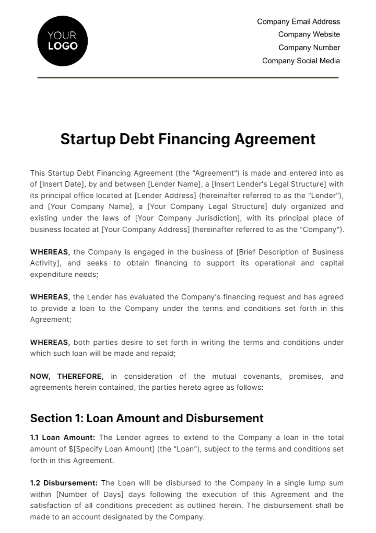 Startup Debt Financing Agreement Template