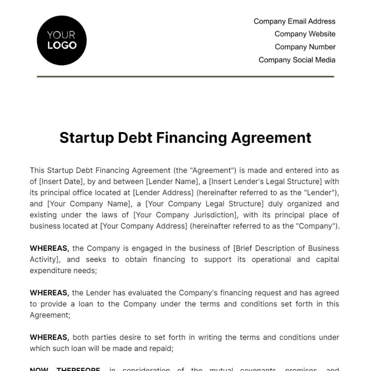 Startup Debt Financing Agreement Template - Edit Online & Download