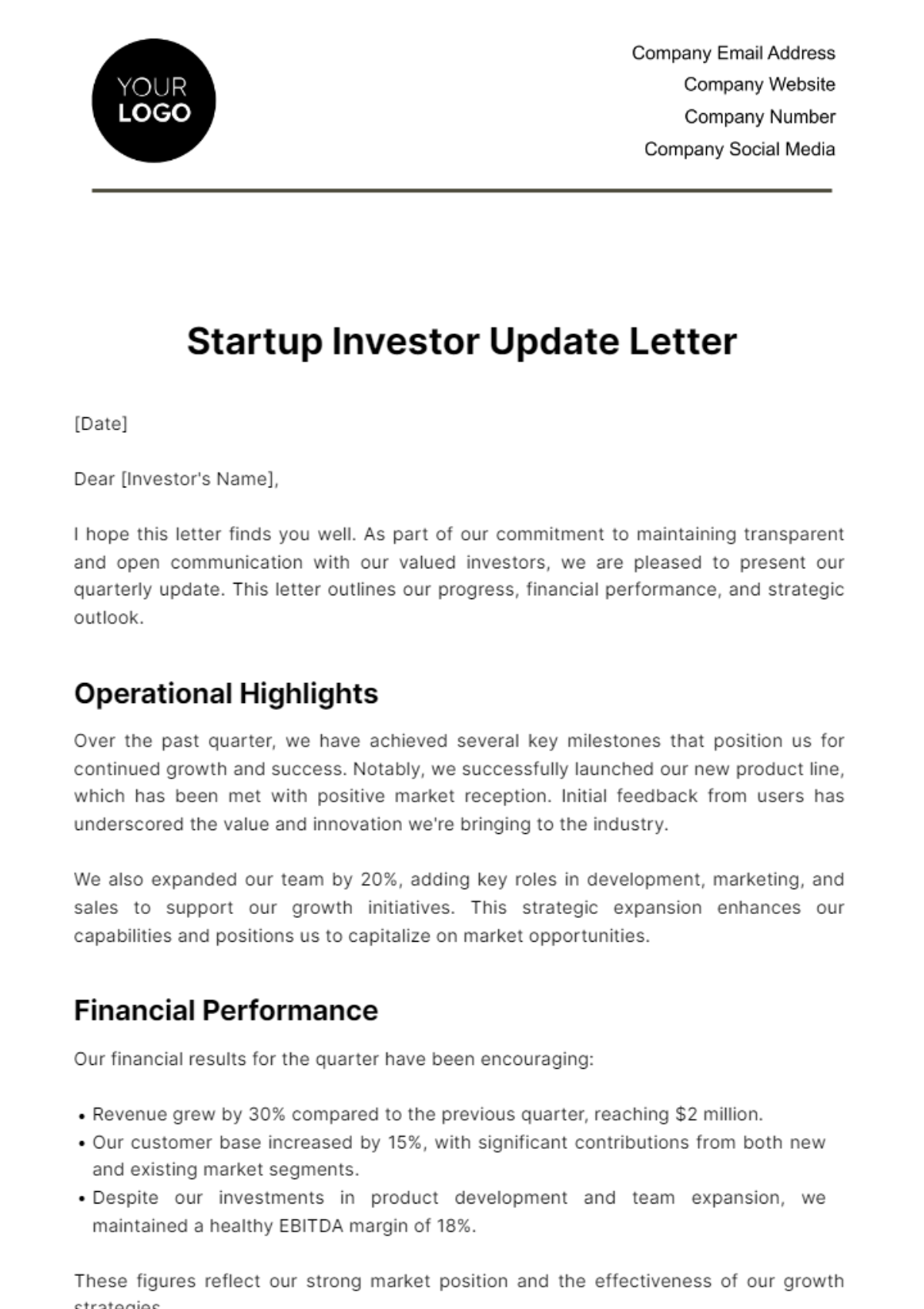 Startup Investor Update Letter Template