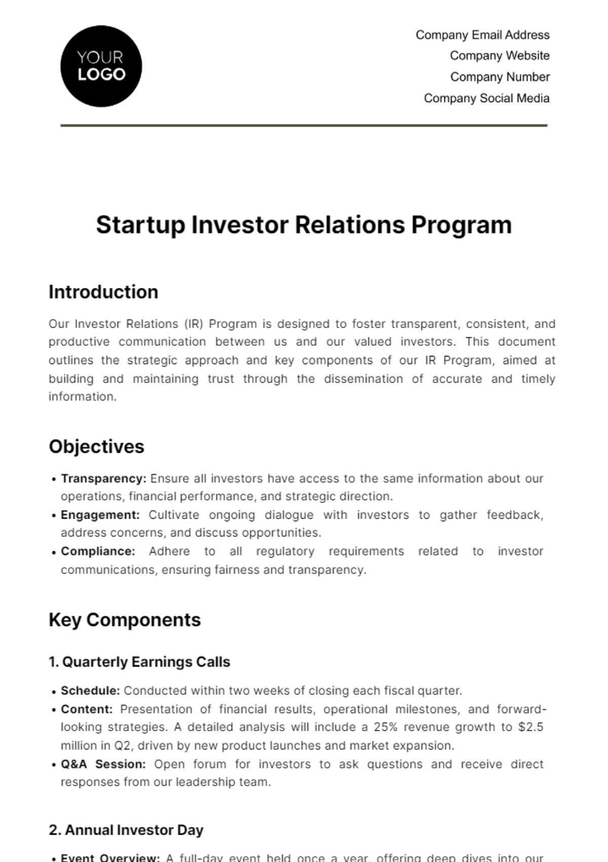 Free Startup Investor Relations Program Template