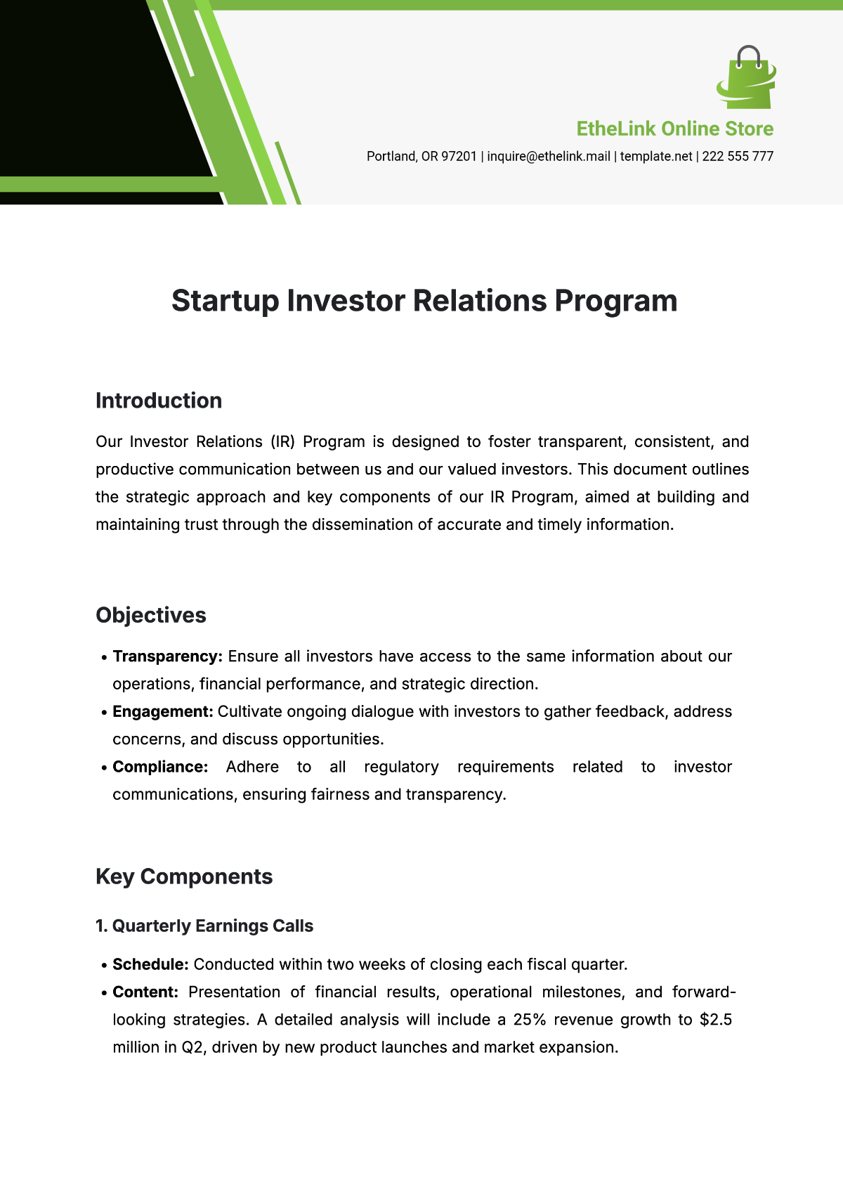 Startup Investor Relations Program Template - Edit Online & Download