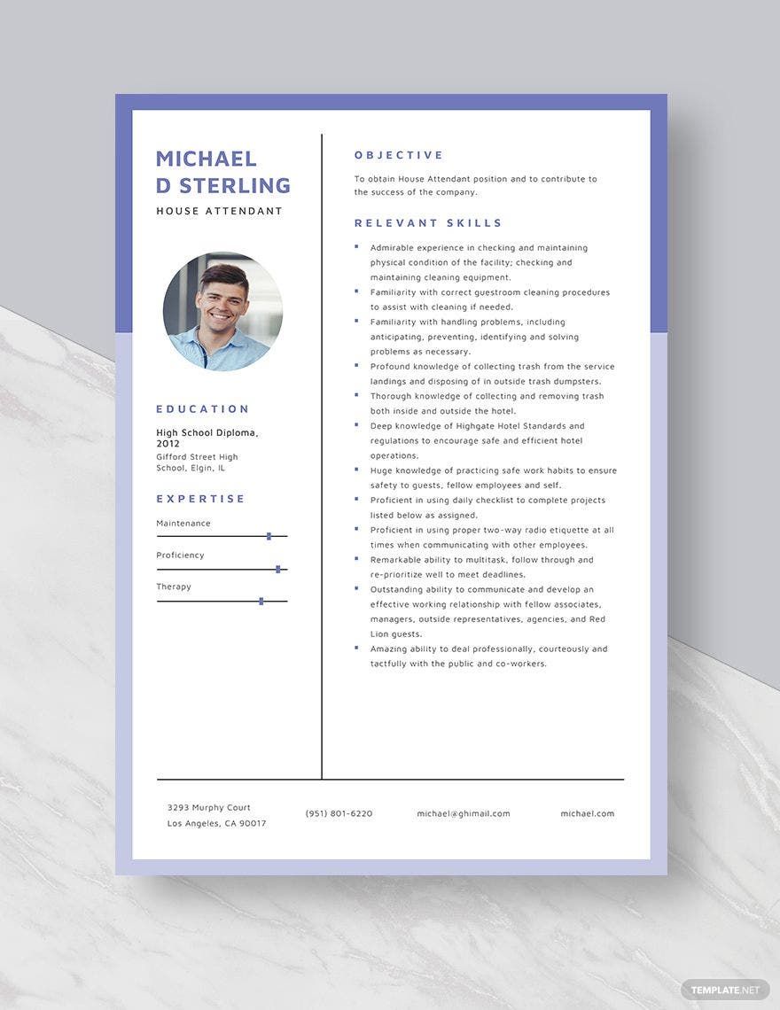 House Attendant Resume in Word, Apple Pages