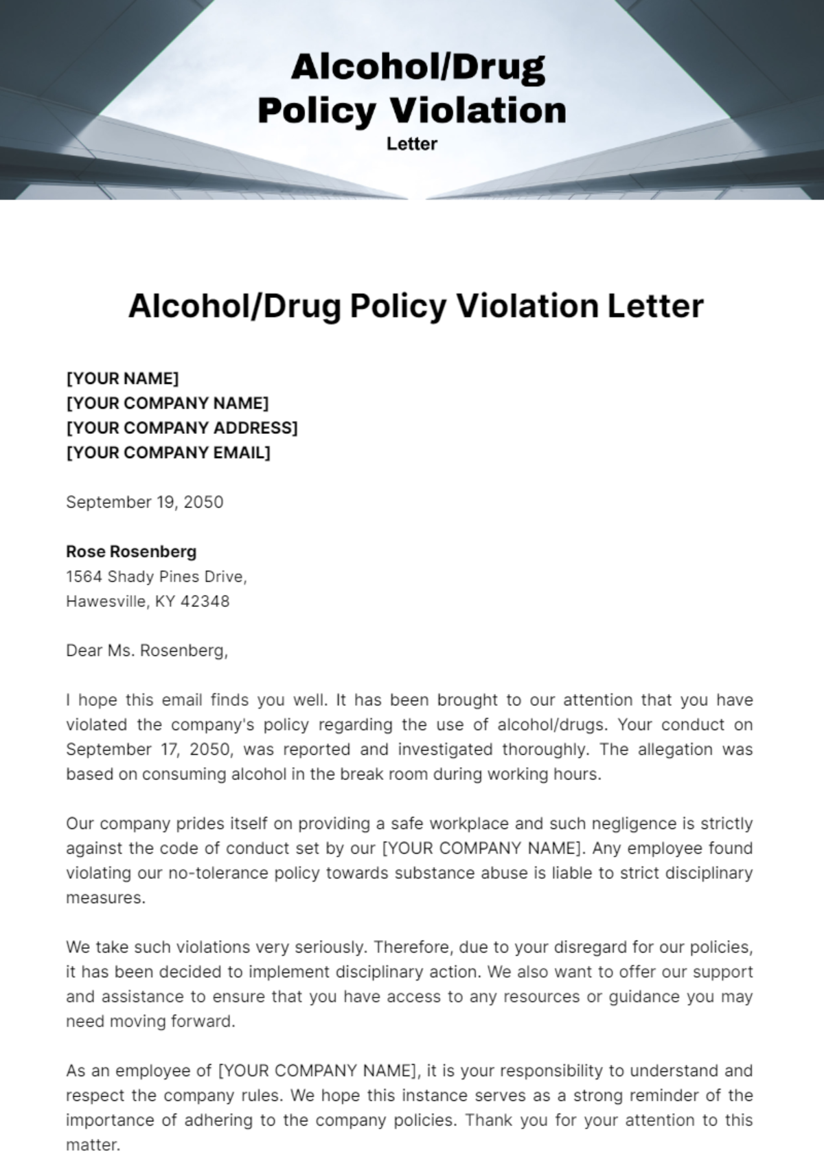 Alcohol/Drug Policy Violation Letter Template