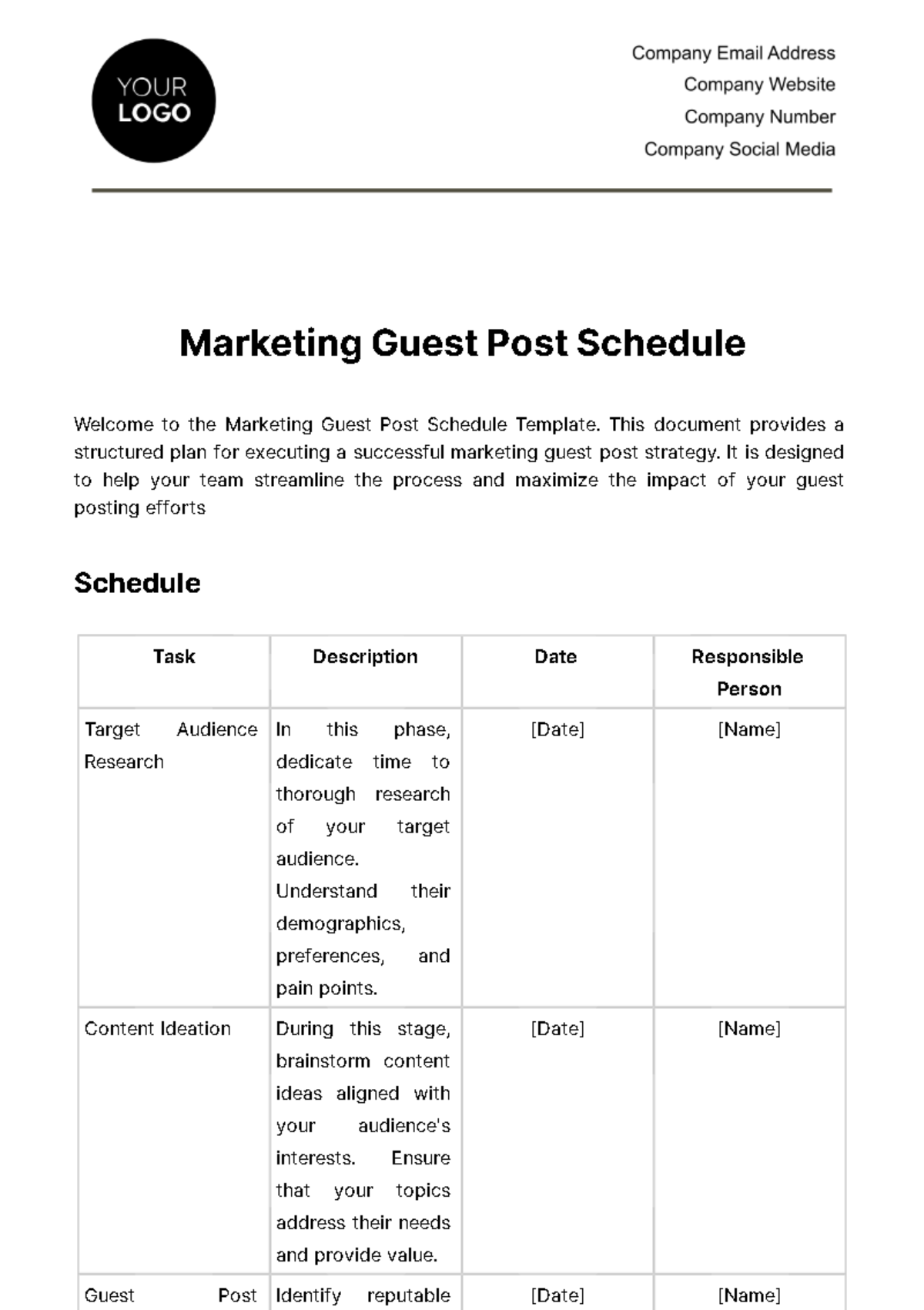 Free Marketing Guest Post Schedule Template